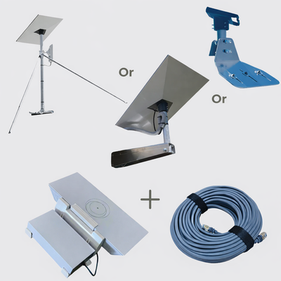 Roof mount bundle for Starlink Gen 3 Standard Kit, featuring three mounting options (tripod, wall mount, angled mount), a power supply cradle, and a long Ethernet cable, all displayed on a neutral background