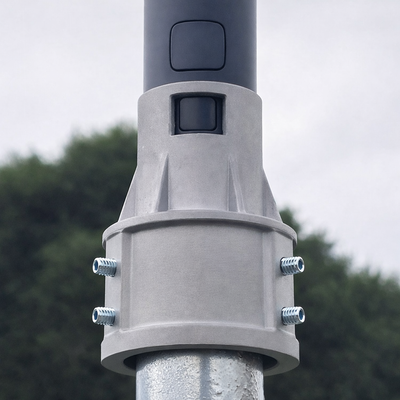 Starlink Gen 2 pole adaptor installed on galvanized steel pole securing Starlink mast with stainless steel set screws, outdoor installation view