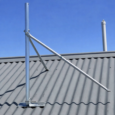 Complete Starlink Gen 2 tin roof mount kit installed with vertical mast and angled support arms fixed to corrugated metal roof under clear blue sky